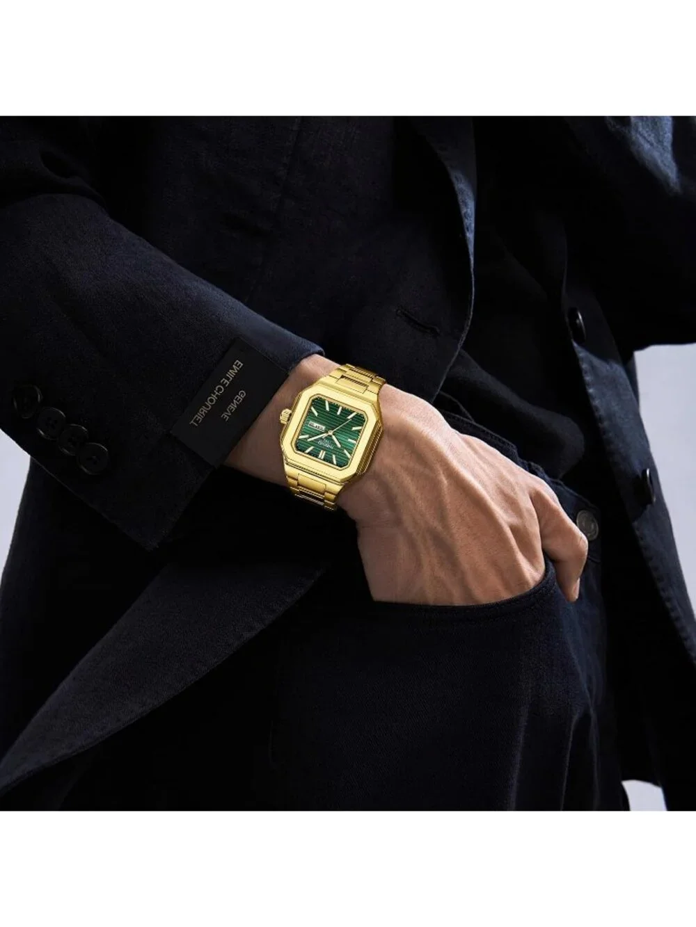 Men's Gold Green Square Analog Quartz Stainless Steel Waterproof Wrist Watch